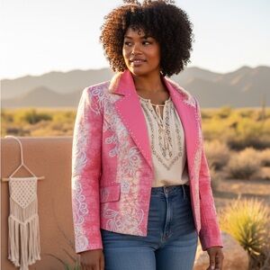 Max Nugus Pink Hand Painted Rhinestones Floral Women's Blazer missing button
